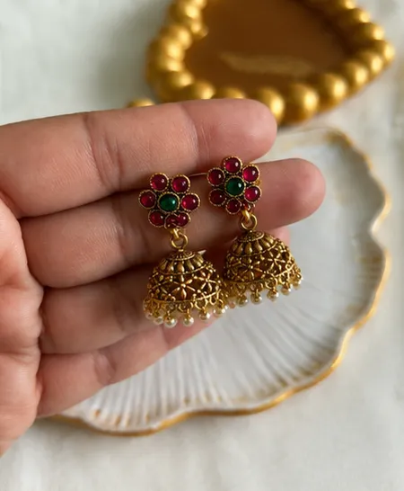 Kemp Stone Floral Antique Gold Jhumkas with Pearls